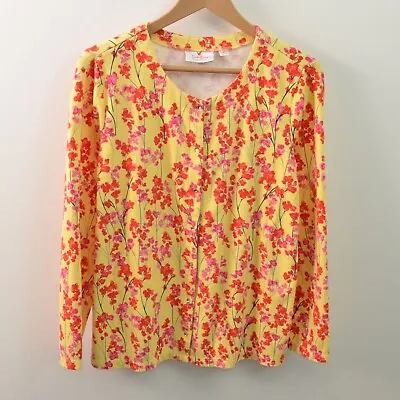 Quacker Factory Snap Front Cardigan Womens Medium Yellow Floral Long Sleeve • $7.98