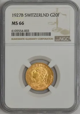 1927B Switzerland Gold 20 Francs MS66 NGC 944230-3 • $650