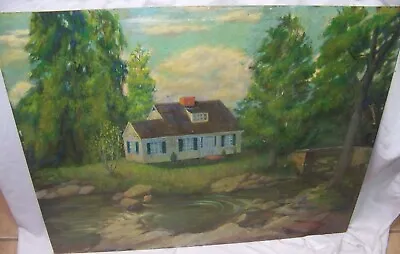 C1940 ANTIQUE LEE SHERWOOD IMPRESSIONIST OIL PAINTING CAPE COD HOUSE BY STREAM • $99.99