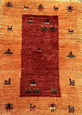 $225 • Buy Vintage Gabbeh 2x3” Tribal Geometric Wool Rug Vegetable Dye Red & Orange