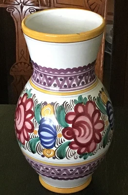 £20 • Buy 10” Tall Portuguese Pottery Vase. Geometric Bands And Floral.
