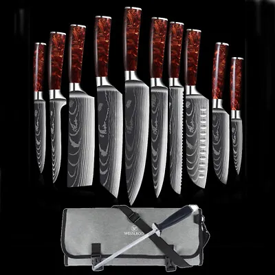 12PC Red Japanese Kitchen Knife Set Damascus Pattern Chef Knife Bag Knife Block • $30