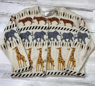 Vintage Janes Closet Tiger Giraffe Elephant Animal Safari Cardigan Sweater Sz L • $31.50