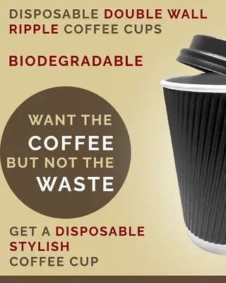 Insulated Ripple Coffee Cup Flat Lid Disposable Leakproof Black Paper Cup8oz-100 • £17.99