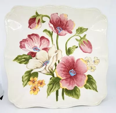 SIX Dinner Plates POMPOUS POPPY By MAXCERA Square FLORAL Scalloped Edge • $89.99