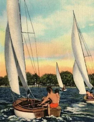 Postcard Linen Boating Regatta Wallace Creek Marine Base Camp Lejeune N.C • $14.99