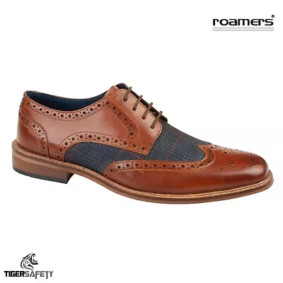 Roamers M408BT Mens Formal Tan Leather & Navy Tweed 4 Eyelet Oxford Brogue Shoes • £38.85