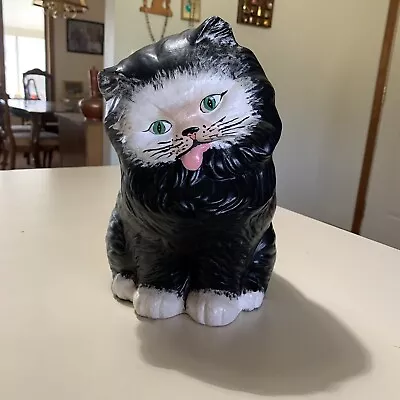 MCM Ceramic Persian Greeneyed Cat Sitting Statue Black Hollow Kitty Decor Vntg • $42.50