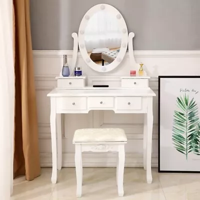 FCH With Light Bulb Single Mirror 5 Drawer Dressing Table White • $184.92