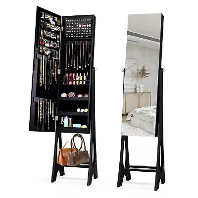 LED Standing Mirror Jewelry Cabinet Makeup Armoire Jewelry Organizer With Shelf • £69.95