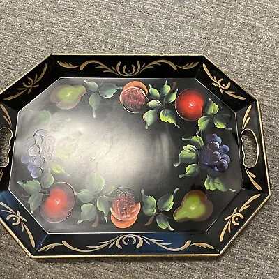 Vintage Tole Tray Hand Painted Metal W/Fruit Black W/Gold Multi-Colored-19”x15” • $19.99