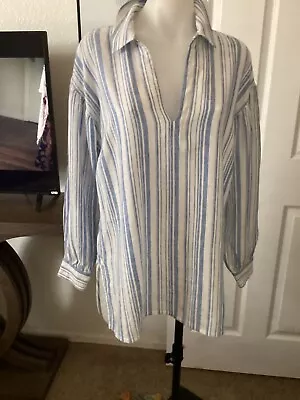 CAbi Pacific Top White Blue Linen Tunic Blue Striped M • $6.99