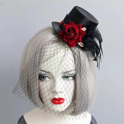 Gothic Punk Small Top Hat Black Veil Hair Clip Feather Flower Accessories • $19.12
