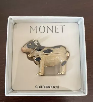 Vintage New Monet Enamel Keepsake Trinket Box Black White COW In Original Box • $29.95