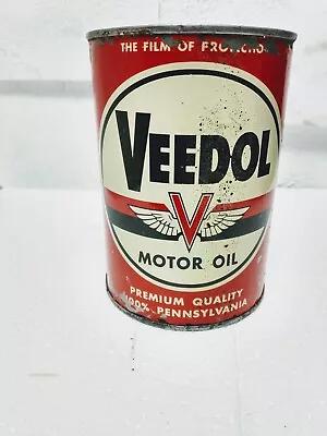 VTG “FULL”  VEEDOL 1 QUART PREMIUM MOTOR OIL CAN METAL Barn Fresh! Canco • $25