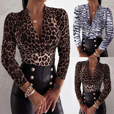 £11.99 • Buy Plus Size Womens Leopard Print V T Shirt Long Sleeve Party Cocktail Blouse Tops