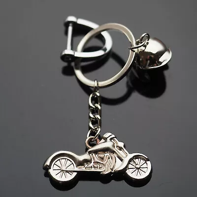 Motorcycle & Helmet Chrome Keychain Pendant Fob D-Ring Key Ring Love Ride Gift • $6.99