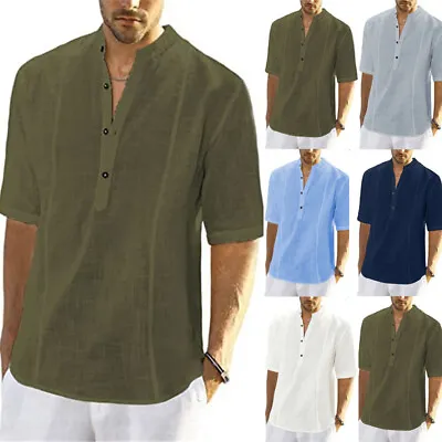 Men's Linen T Shirt Men Plain Casual Short Sleeve Button Summer V Neck Tee Tops • £9.99