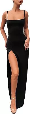 PRIMODA Women's Spaghetti Strap Backless Thigh-high Slit Bodycon Maxi Long Dress • $68.86