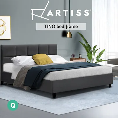 Artiss Bed Frame Queen Size Mattress Base Wooden Platform Fabric Charcoal TINO • $164.95