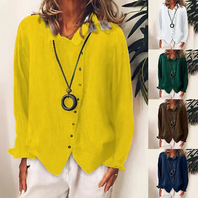 Womens Cotton Linen Plain Blouse Tops Ladies Baggy Long Sleeve Casual T-Shirt UK • £6.59