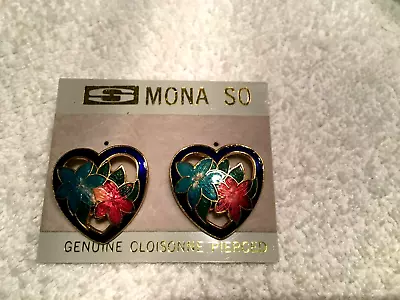 Lovely Mona So Cloisonne Heart Shaped With Flowers Pierced Earrings • $9