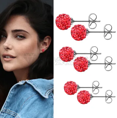 £3.89 • Buy 5-8 MM Red Disco Ball Crystal Shamballa Pave Bead Stud Earrings Stainless Steel