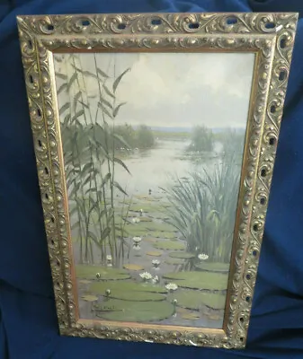 SIGNED LISTED ARTIST W. J. ALBERTS OIL ON CANVAS PAINTING LILY PADS On A POND • £787.84