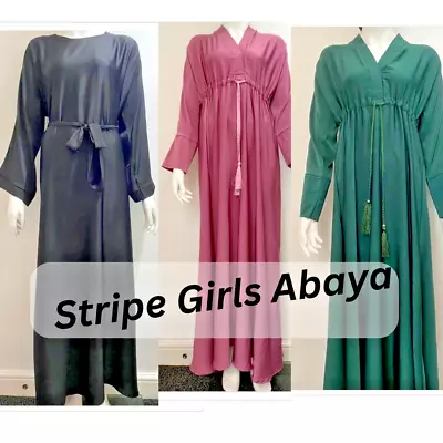New Girls Stripe Islamic Abaya Kaftan Flair Max Jilbab Long Sleeve Eid Gift • £13.99