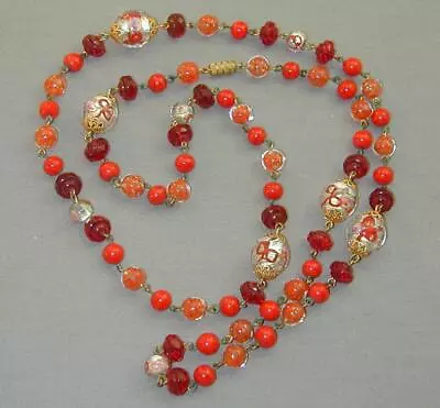 FAB Vintage Murano Venetian Red Foil Aventurine Art Glass Bead Necklace 37  • $29.99