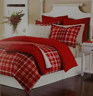  Martha Stewart Collection TWIN Winter Tartan Red Flannel Comforter Cover & Sham • $125