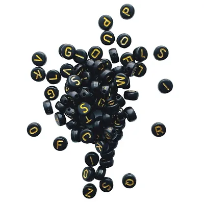 100x 7mm Flat Round Black Gold Mixed & Single Letter Alphabet Acrylic Beads A-Z • £2.09