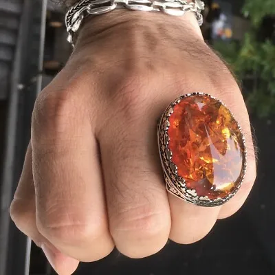 Sterling Silver Big Men's Ring Amber Bakelite Large Solid Unique Turkish Jewelry • $188.10