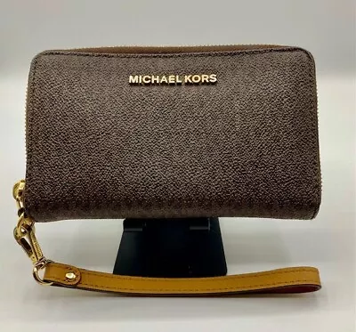 Michael Kors Bag Purse Bill Fold Money Travel Zip Wristlet Phone Brown • $29.95