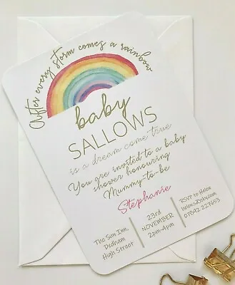 10 X Rainbow Baby Shower Invites - PERSONALISED - FREE Envelopes * Rainbow BABY • £6.49