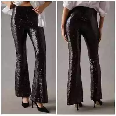 ANTHROPOLOGIE Women's Size 6T Tall Black Joni High Rise Sequin Flare Pant • $95