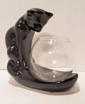 Vintage Haeger Black Ceramic Cat With Glass Fish Bowl 1996 • $49.99