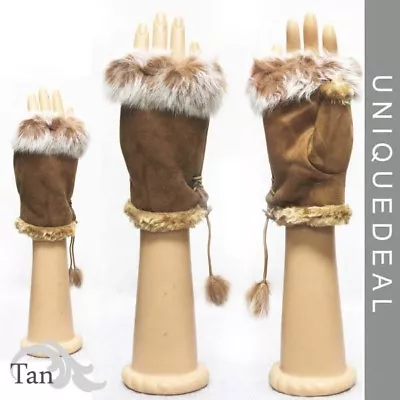 Fashion Winter Soft Rabbit Fur Trim Fingerless Half Cuff Off Glove/ Brown • $10.95