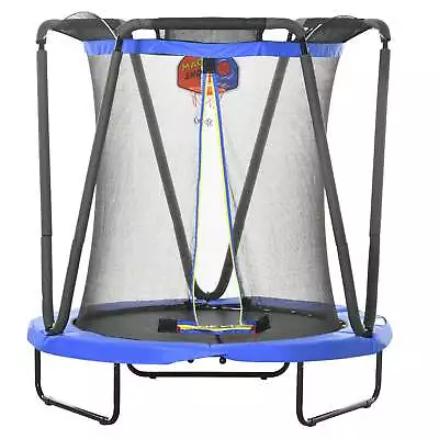 ZONEKIZ 4.6 FT Kids Trampoline With Enclosure Basketball Sea Balls Blue • £74.99