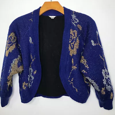 ILOVE H81 S Cardigan Blue Gold Crop Bolero Sweater Long Sleeve Knit Abstract  • $15.48