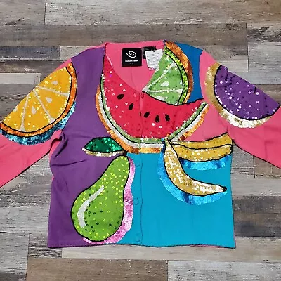 Vintage Michael Simon Event Fruit Sequin Embroidered Cardigan Sweater Size L • $79.98