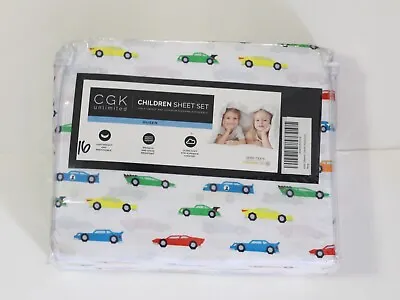 CGK Linens Kids Queen Flat Sheet Fitted Sheet 2 Pillowcases Race Cars NEW • $31.41