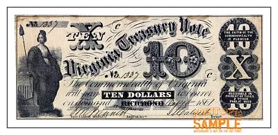 Richmond Virginia Treasury Note (1861) $10 * Quality Art Print * Commonwealth • $38.95