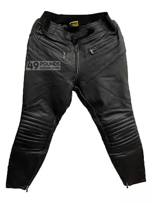 Men’s Real Leather Biker Padded Trousers Black Cow Hide Red Flame Logo P-594 • £41.65