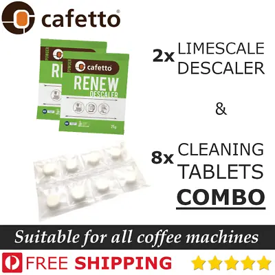 2x DESCALER & 8x CLEANING TABLETS Espresso Machine Clean Cycle Limescale Descale • $25.99