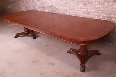 Kindel Furniture Neoclassical Banded Mahogany Double Pedestal Dining Table • $5395