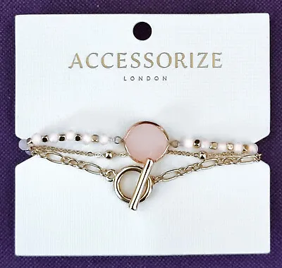 £6.69 • Buy Accessorize, 3 Piece Bracelet Pack Gold Tone, Pink Stone, T-bar & Ball Chain