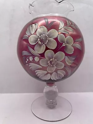 Vintage Cranberry Glass Globe Vase Scalloped Edge Painted Flowers Floral 8  GA42 • $12