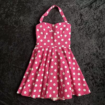 Vintage Rockabilly Dress Polka Dot Pink Halter Swing Full Circle 50s FREEP&P • £39.99