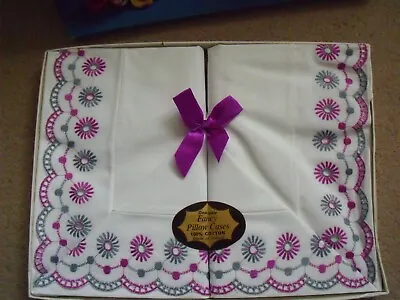 £12 • Buy Vintage Boxed Floral Cotton Pillowcases, Purple And Grey Embroidery 